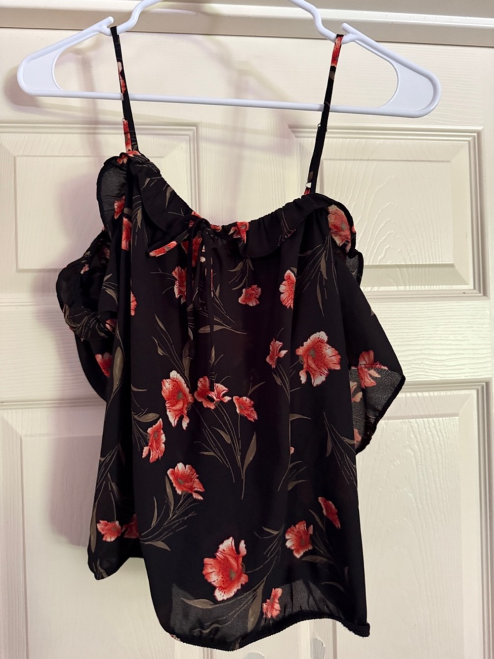 Black Floral Off-Shoulder Women's Top with Red Flower Print